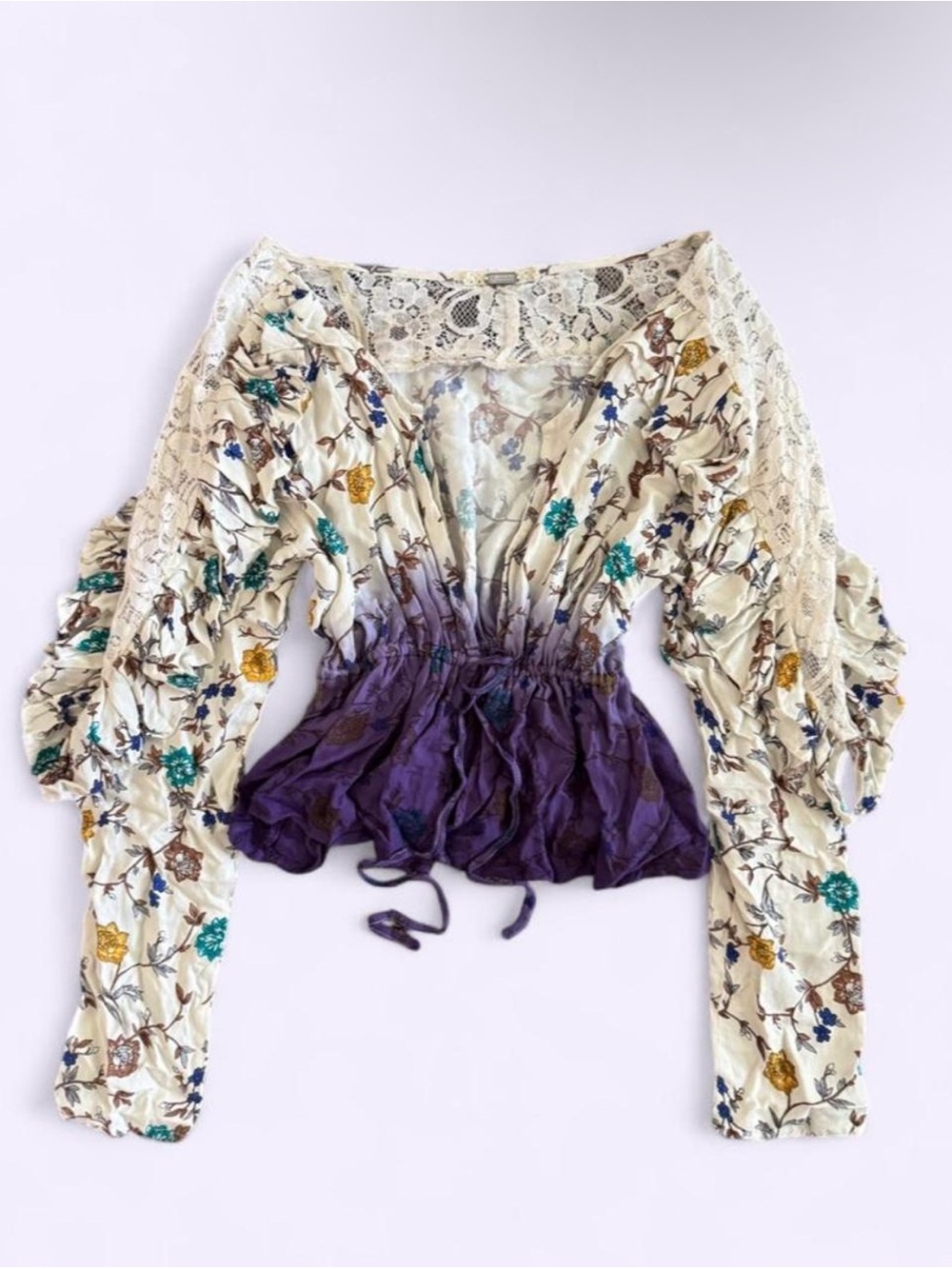 Gimmicks Boho Kimono Shrug Floral Lace Ruffle Drawstring Tie Hippie Purple Hem